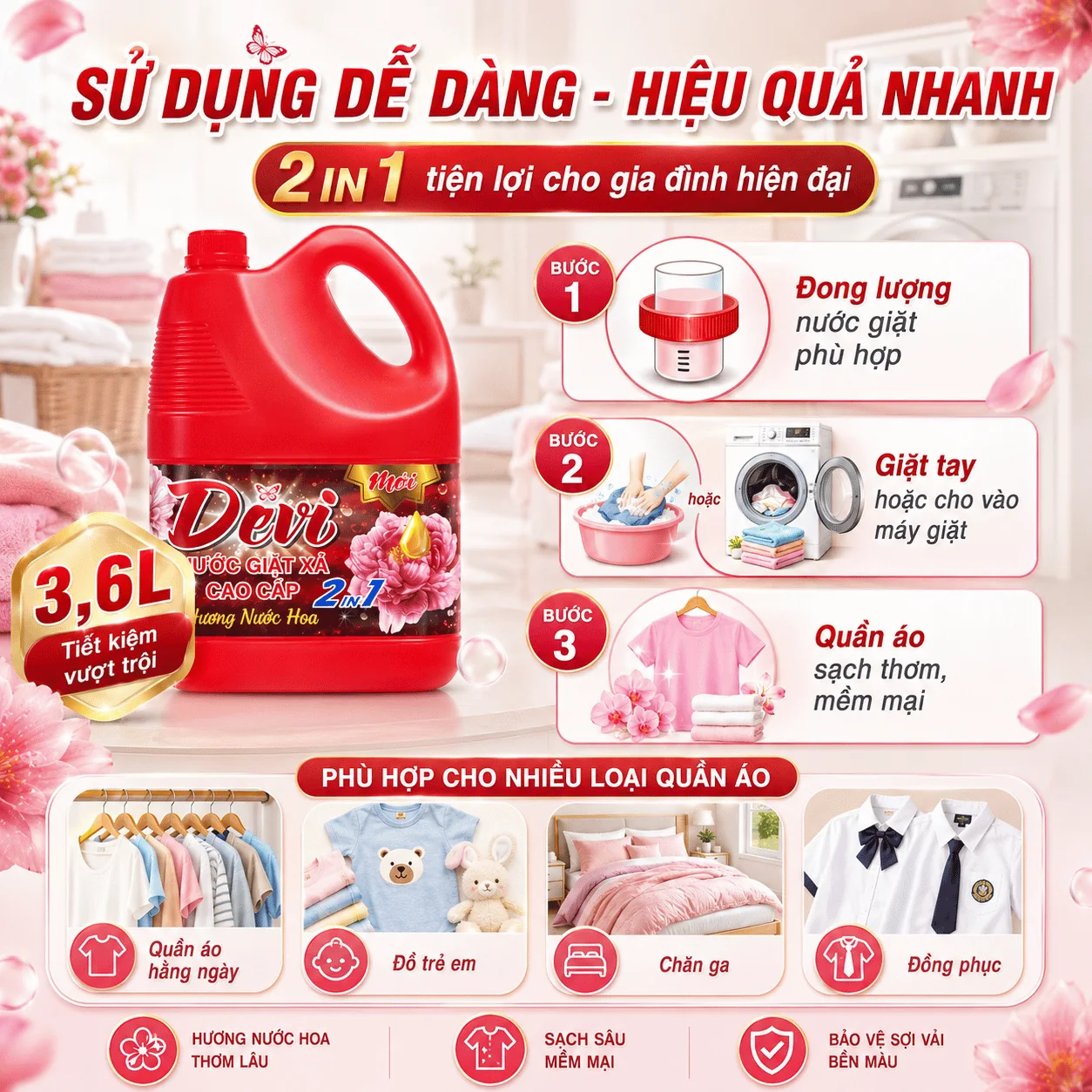 Combo nước giặt xả Devi 2 trong 1